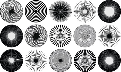 Circular Abstract Designs Black and White Swirls, Concentric Shapes, Radiating Lines, and Halftone Patterns