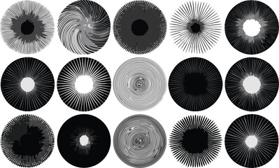 Fifteen Black and White Circular Design Elements Rays, Spirals, Textures, and Geometric Patterns