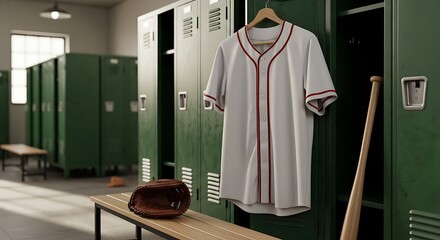 A classic baseball jersey hangs on an open green locker in a quiet, sunlit team room.
