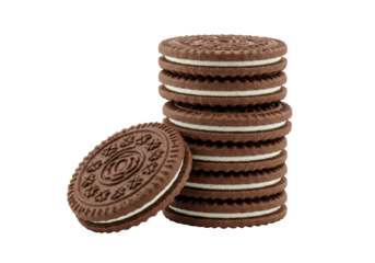Tall stack of chocolate sandwich cookies with dark embossed wafers & thick creamy white filling, one cookie leaning, isolated on a clean white background, no shadows, photorealistic UHD macro detail,