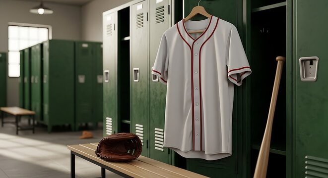 A classic baseball jersey hangs on an open green locker in a quiet, sunlit team room.