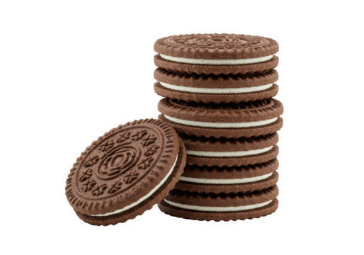 Tall stack of chocolate sandwich cookies with dark embossed wafers & thick creamy white filling, one cookie leaning, isolated on a clean white background, no shadows, photorealistic UHD macro detail,