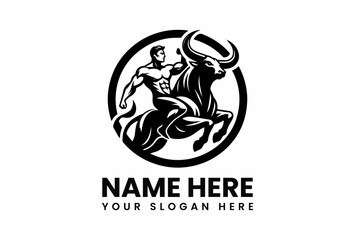 Muscular man riding a powerful bull inside a circle black and white logo.