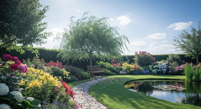 Serene garden with flowers, weeping willow, stone path, and small pond