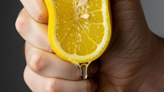 Man's hand squeezing a yellow lemon half, with juice and drops splashing. Concept of fresh citrus drink and healthy food.	