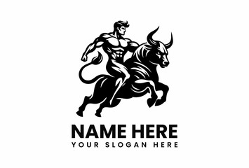 Muscular Man Riding a Powerful Bull with Curved Horns in Black Silhouette.