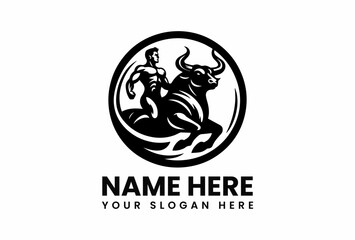 Muscular Man Riding a Powerful Bull Inside a Circular Emblem Design.