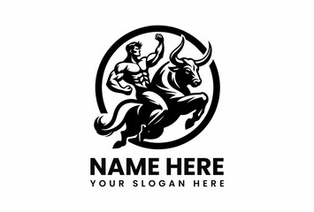Muscular Man Riding a Raging Bull Inside a Bold Circle Black and White Logo.