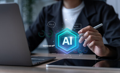Woman pointing to chatbot intelligence on laptop.