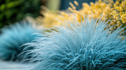 Blue ornamental grass with feathery texture contrasts beautifully with yellow flowers in vibrant garden setting, creating serene and colorful landscape