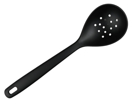 Slotted spoon with plastic handle isolated on transparent background