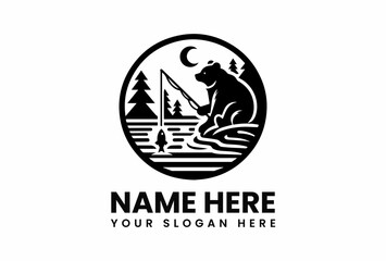 Silhouette of a Bear Fishing Under the Moonlit Sky in a Circular Emblem.