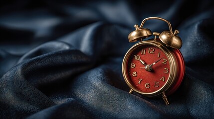 Small red alarm clock with gold accents atop rumpled dark blue fabric