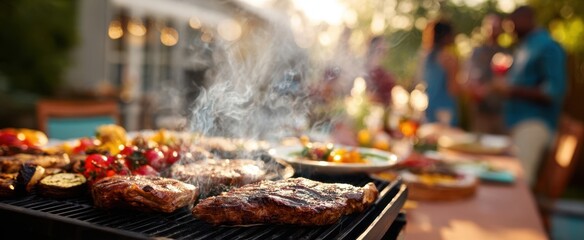 The sizzling grill enhancing a vibrant summer barbecue gathering.