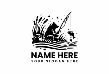 Silhouette of a Bear Fishing with a Rod Catching a Fish in Water.