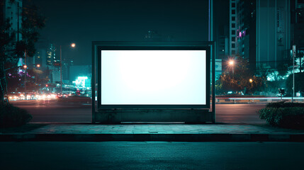 Illuminated Blank Billboard at Night Urban Setting Advertising Space.