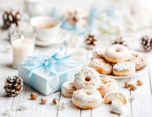 Festive winter treats displayed on a white wooden surface.