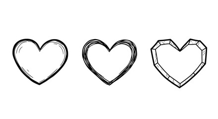 Set of hand-drawn or doodle style heart shapes in three styles. Black strokes and lines hearts for likes or St/ Valentine's day graphics. Love and feelings concept. Romantic minimalist symbols