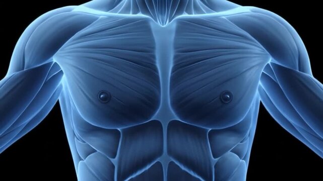 Male torso muscle anatomy, 3D render, black background, medical illustration