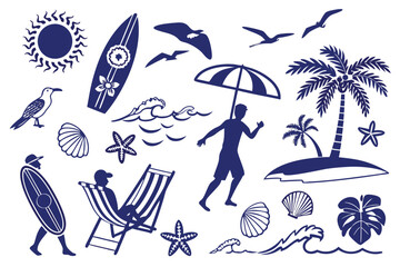 Hand-drawn doodle beach and surf icon vector set with tropical elements like palm trees, waves, surfboards, and sun. Perfect for summer designs, t-shirts, posters, and coastal design.