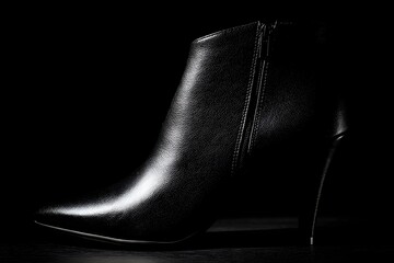 Shiny, modern ankle bootie displayed in a spotless studio with sharp, highlighting lighting.