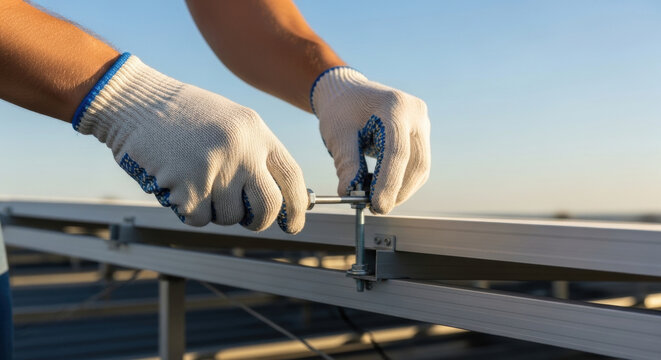 Technician tightens screws on solar panel mounting structure wearing protective gloves to ensure secure installation under clear blue sky during renewable energy maintenance