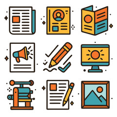 Digital Content Creation and Education Media Icons on Isolated White Background