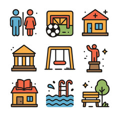 Urban Community and Public Recreation Area Icons on Isolated White Background