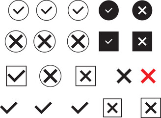 Check box tick mark icon set black button correct right wrong buttons or yes or no checkmark red cross green tick vector illustration
