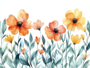 Vibrant watercolor painting of orange and yellow flowers with green leaves, creating lively and cheerful floral scene. delicate brushstrokes and soft colors evoke sense of tranquility and beauty