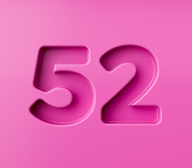 Vibrant pink number 52 Fifty two embossed on a pink background, 3d illustration