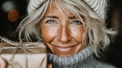 Smiling mature woman holds wrapped gift, wearing winter knit hat
