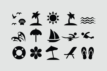 Hand-drawn doodle beach and surf icon vector set with tropical elements like palm trees, waves, surfboards, and sun. Perfect for summer designs, t-shirts, posters, and coastal design.