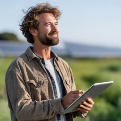 young man using tablet standing at green field