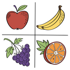 Illustration of apple, banana, grapes and orange isolated on white background