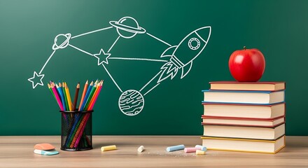 Chalk drawing of a space exploration theme on a green chalkboard with books and an apple