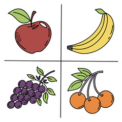 Illustration of apple, banana, grape, and cherry isolated on white background