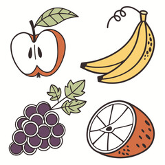 Illustration of various fruits, including apple, banana, grape, and orange