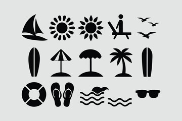 Hand-drawn doodle beach and surf icon vector set with tropical elements like palm trees, waves, surfboards, and sun. Perfect for summer designs, t-shirts, posters, and coastal design.