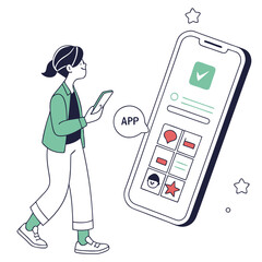 Woman using a mobile app on her phone, isolated on white background