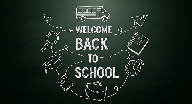 Chalkboard with Welcome Back to School and school supplies