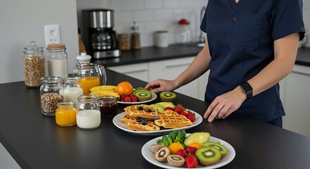 A modern breakfast bar with a sleek black surface, a nutritionist in a professional outfit standing to the side, arranging a colorful array of healthy foods like waffles, fruits, and avocado, with a c