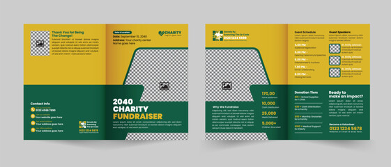 Professional bifold brochure template for charity fundraiser events, featuring clean layout, editable design, and ideal for NGO or nonprofit promotions.