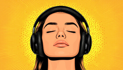 Woman with closed eyes enjoys music through headphones, set against vibrant yellow background with radiating pattern. pop art style adds dynamic and expressive feel