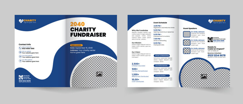Professional bifold brochure template for charity fundraiser events, featuring clean layout, editable design, and ideal for NGO or nonprofit promotions.