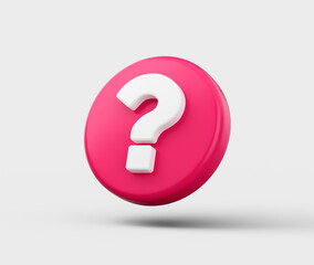 Pink circular button featuring a white question mark, symbolizing help and inquiry. 3d illustration