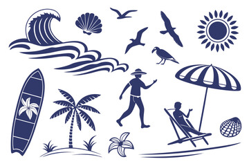 Hand-drawn doodle beach and surf icon vector set with tropical elements like palm trees, waves, surfboards, and sun. Perfect for summer designs, t-shirts, posters, and coastal design.