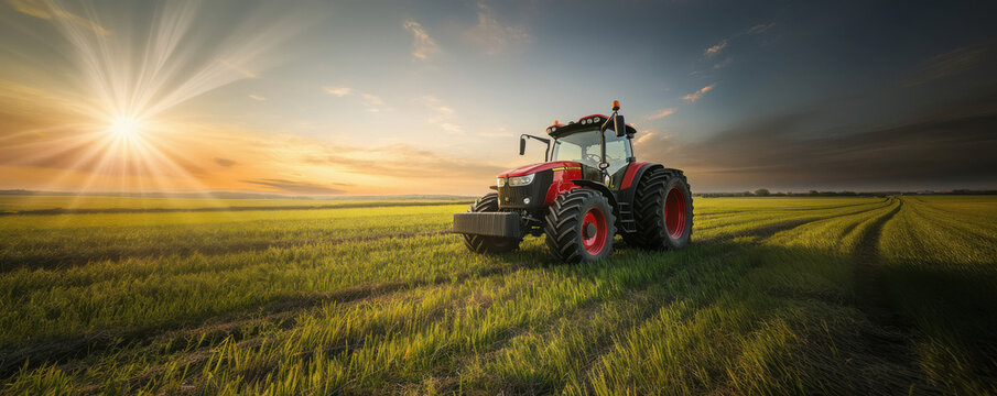 Fototapeta tractor standing at green agricultural field