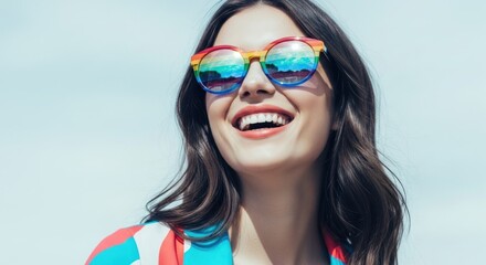 Smiling woman in colorful sunglasses, blue sky reflection