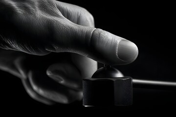 Close-up of finger pressing camera button, showing focus and mastery in a cool studio.